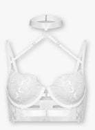 White strappy lace bra on a white background